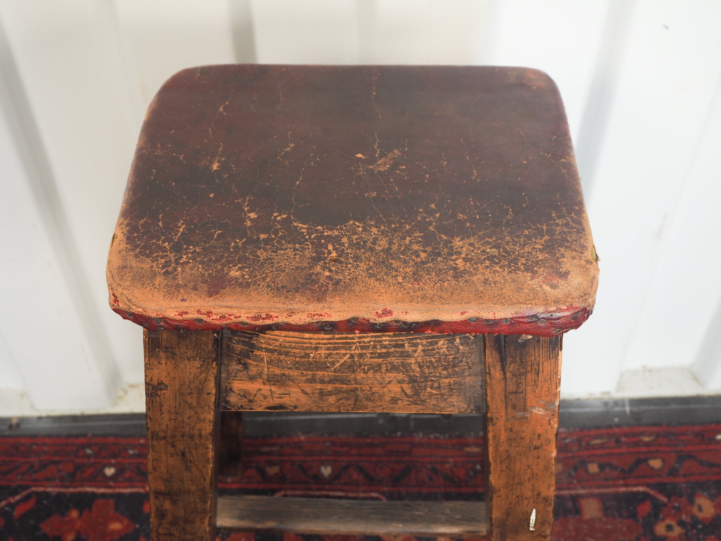 Vintage Antique Original Artists Wooden Stool / Leather Upholstered Seat