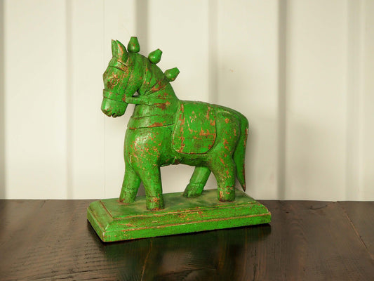 Antique Vintage Hand-Carved Indian Green Decorative Wooden Horse