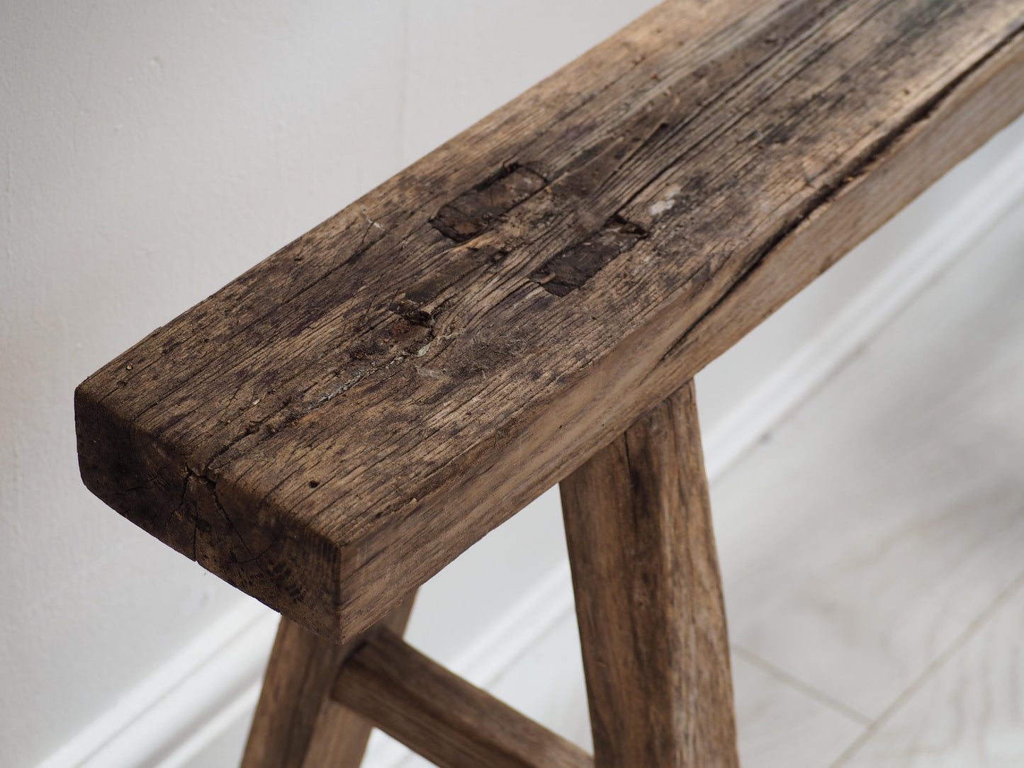 Vintage Antique Large Long Elm Rustic Wooden Bench / Stool
