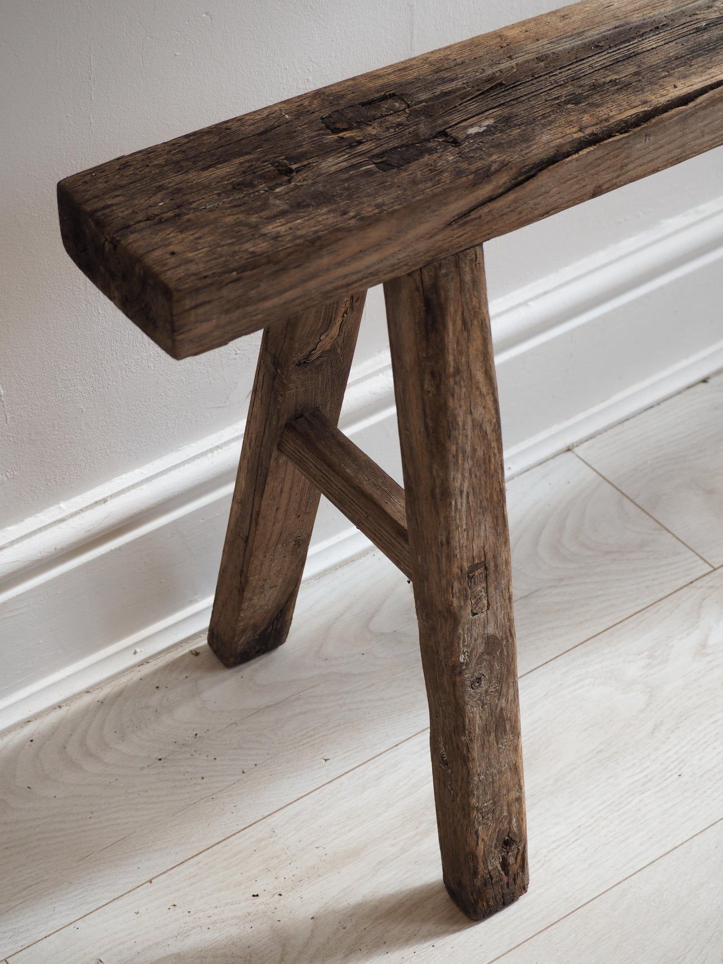 Vintage Antique Large Long Elm Rustic Wooden Bench / Stool