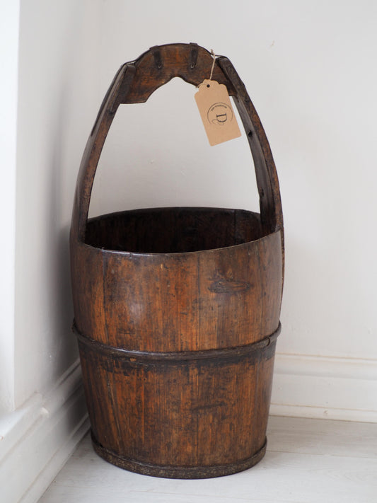Vintage Antique Large Wooden Well Bucket with Handle