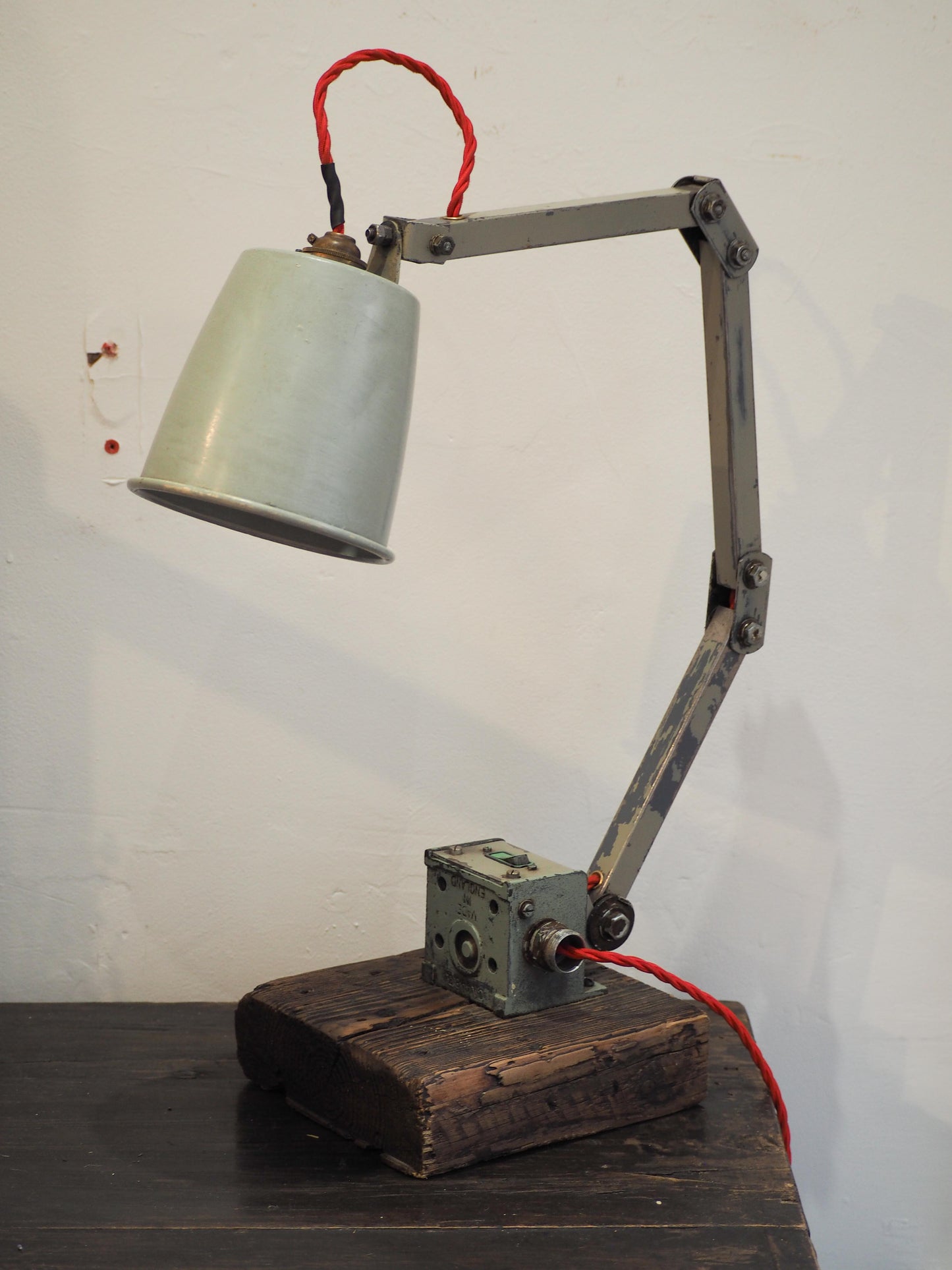 Vintage Green English Industrial Angle-Poise Style Lamp on Solid Wooden Base