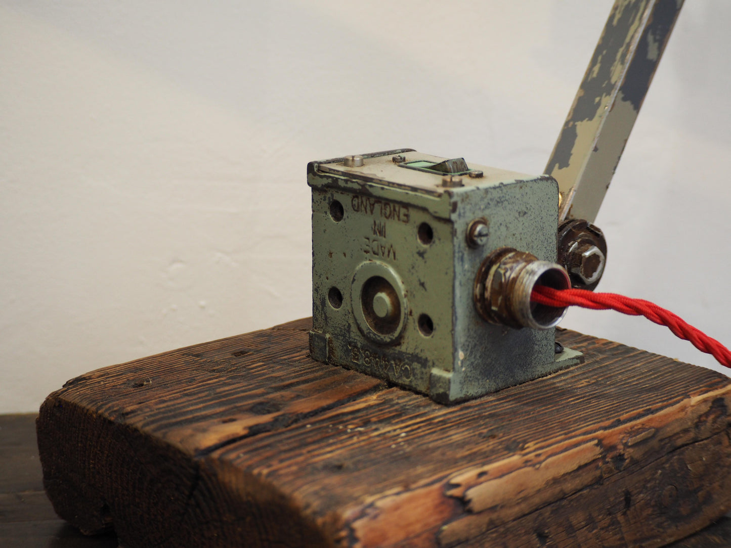 Vintage Green English Industrial Angle-Poise Style Lamp on Solid Wooden Base