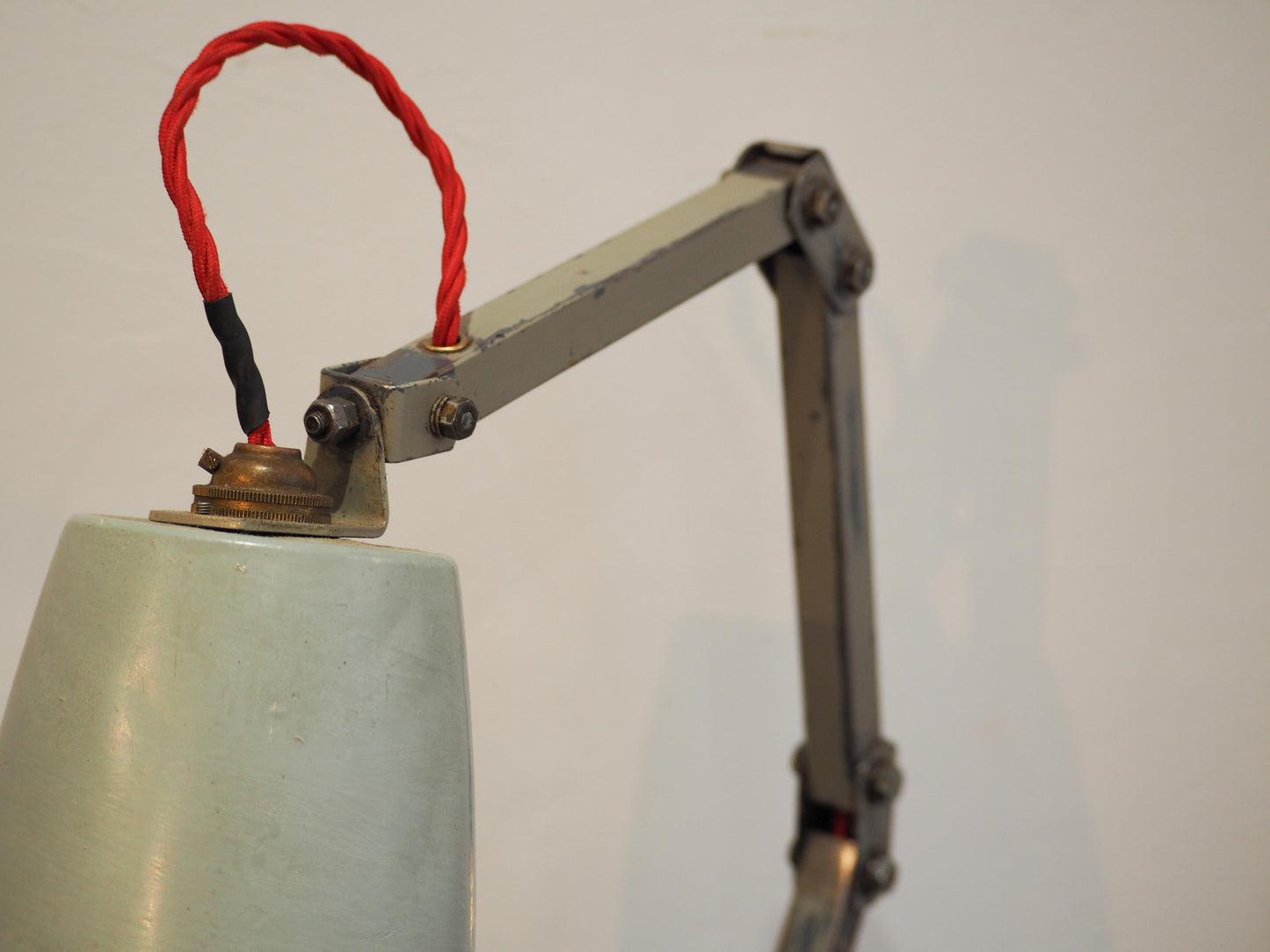 Vintage Green English Industrial Angle-Poise Style Lamp on Solid Wooden Base