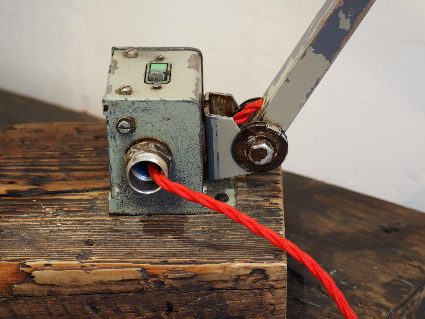 Vintage Green English Industrial Angle-Poise Style Lamp on Solid Wooden Base