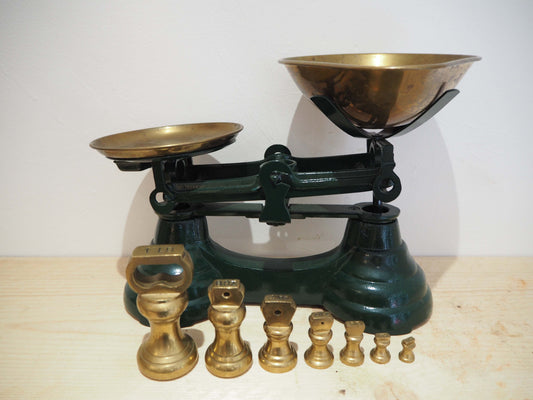 Vintage Green Metal Kitchen Weighing Scales with Brass Bowl & Brass Weights