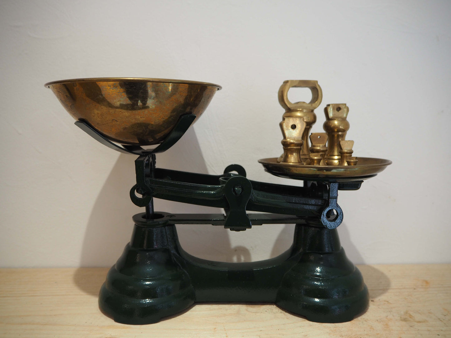 Vintage Green Metal Kitchen Weighing Scales with Brass Bowl & Brass Weights