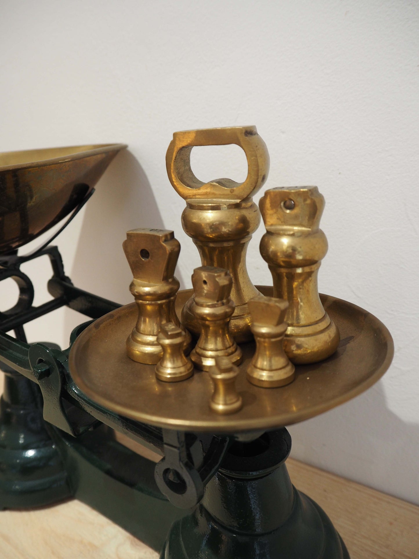 Vintage Green Metal Kitchen Weighing Scales with Brass Bowl & Brass Weights
