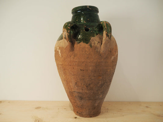 Vintage Antique Terracotta Turkish Green Glazed Handle Pot / Olive Jar / Green Glazed Rim