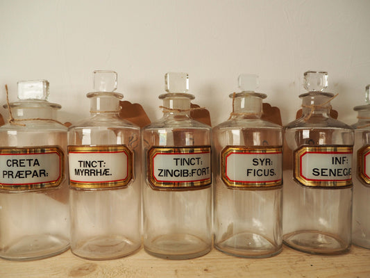 Vintage Antique Chemist Apothecary Glass Bottle with Original Label and Stopper (Sold Individually)
