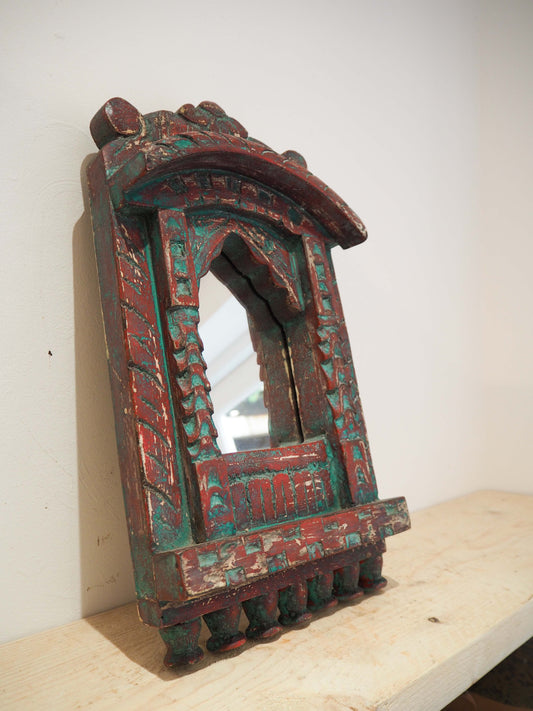Antique Vintage Green Red Rustic Carved Indian Wooden Temple Mirror / Wall Decor