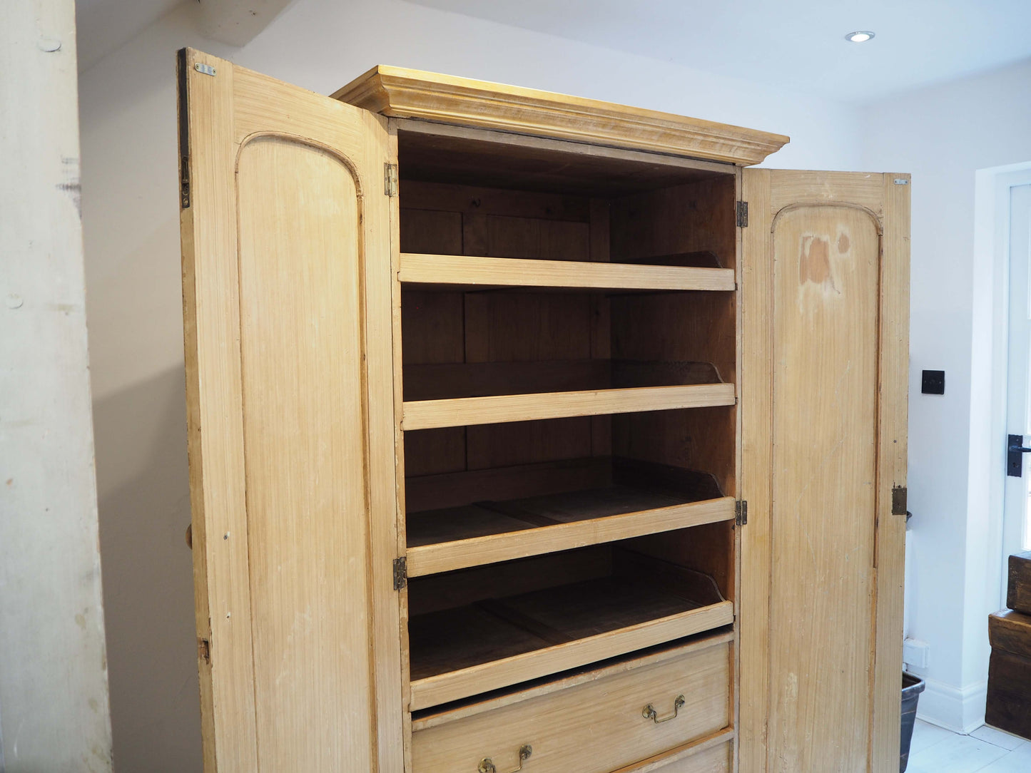 Antique Vintage Pitch Pine Swedish Linen Press with Scumbled Satin Birch Finish Circa 19th Century / Cupboard