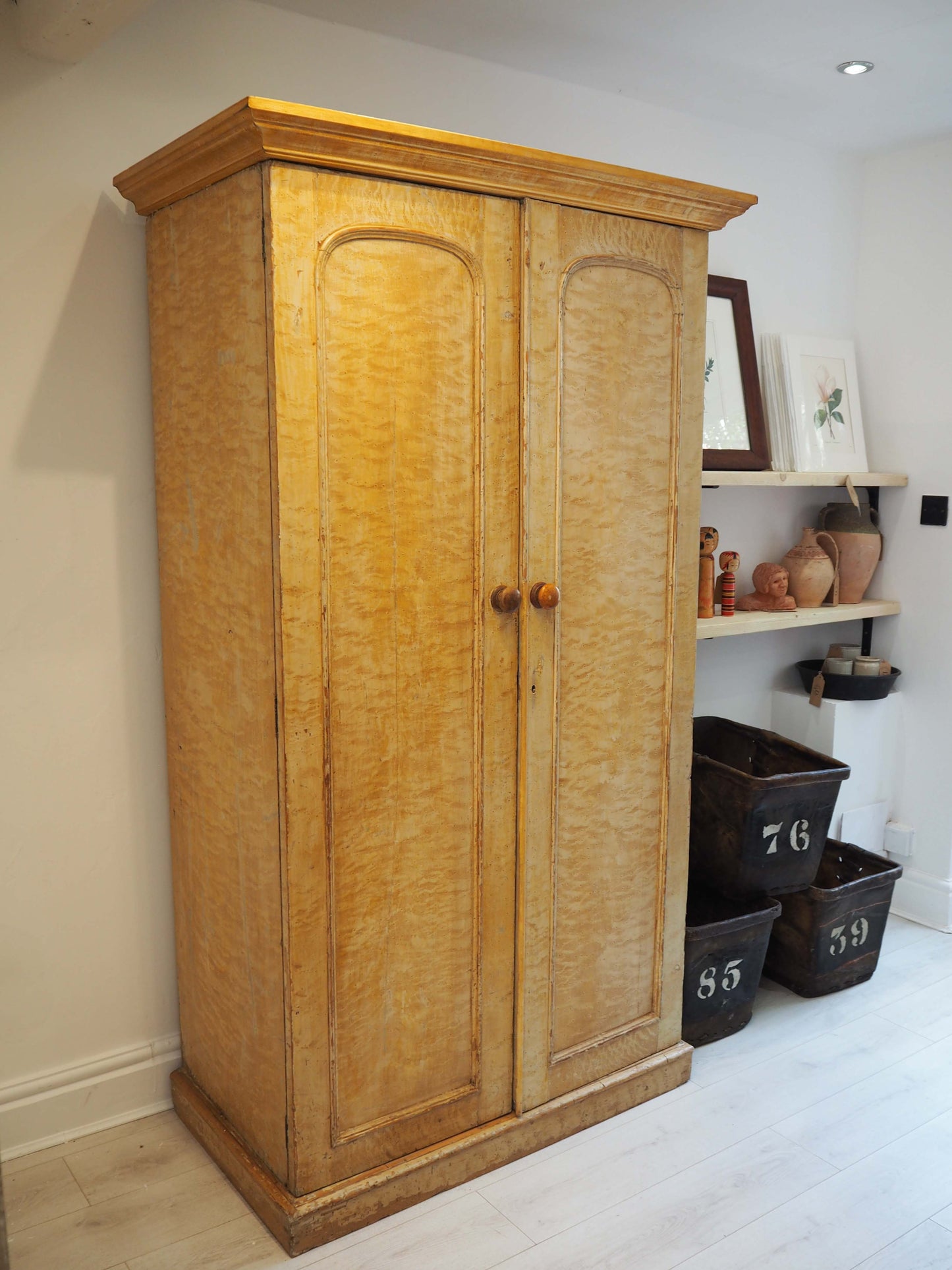 Antique Vintage Pitch Pine Swedish Linen Press with Scumbled Satin Birch Finish Circa 19th Century / Cupboard