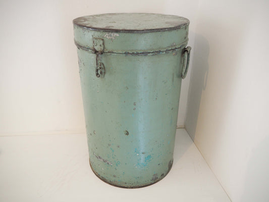 Large Green Painted Metal Vintage Indian Rice Storage Drum / Bin / Laundry Basket - Early 20th Century