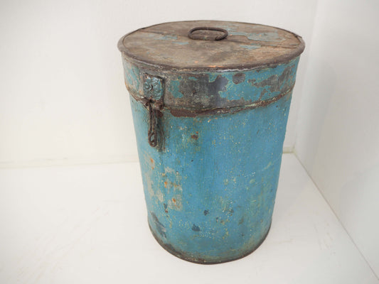 Blue Painted Metal Vintage Indian Rice Storage Drum / Bin / Laundry Basket - Early 20th Century