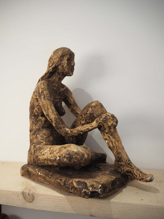 Vintage Antique Clay Sculpture of Nude Seated Female / Decorative Figurative Art Sculpture