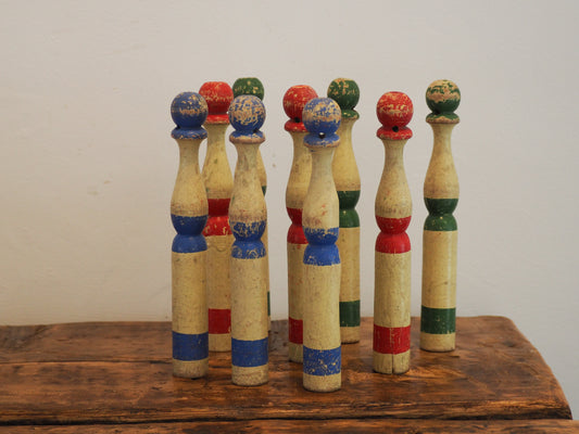 Vintage Antique French Set of Painted Wooden Skittles / French Bowling Game With 9 Pins