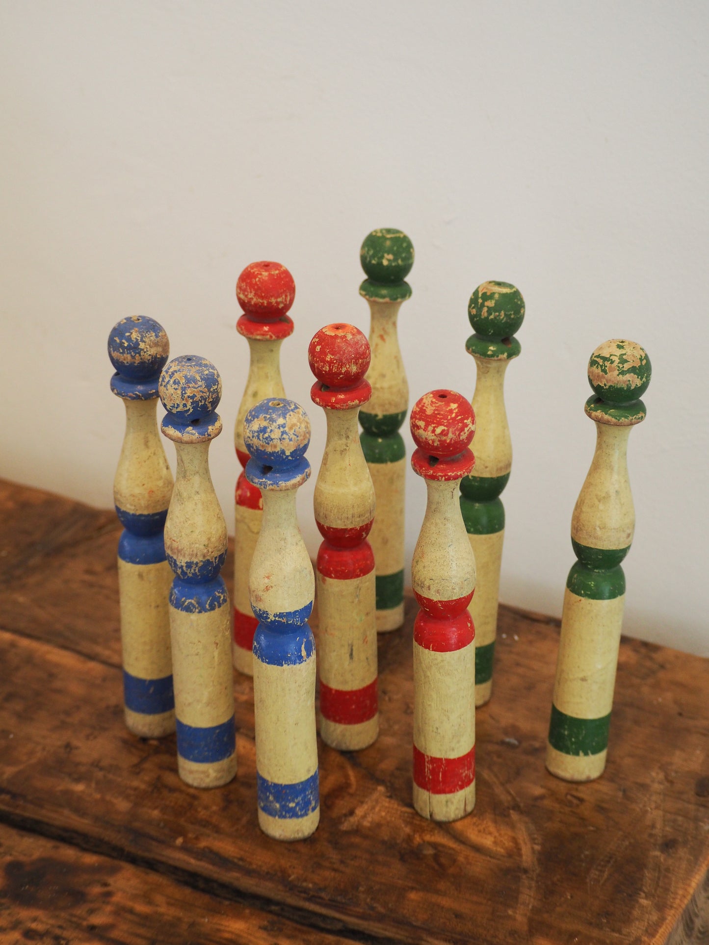 Vintage Antique French Set of Painted Wooden Skittles / French Bowling Game With 9 Pins