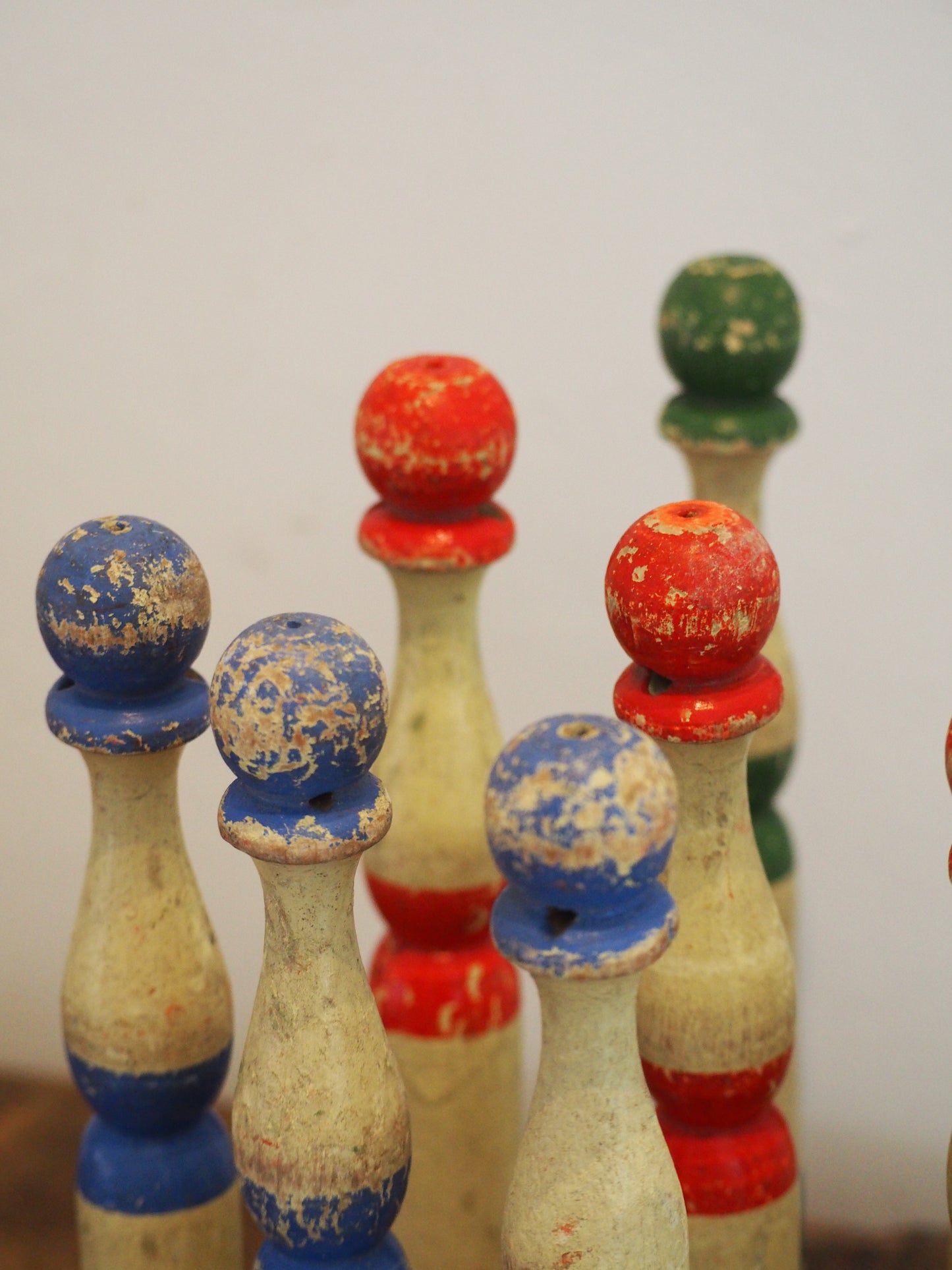 Vintage Antique French Set of Painted Wooden Skittles / French Bowling Game With 9 Pins