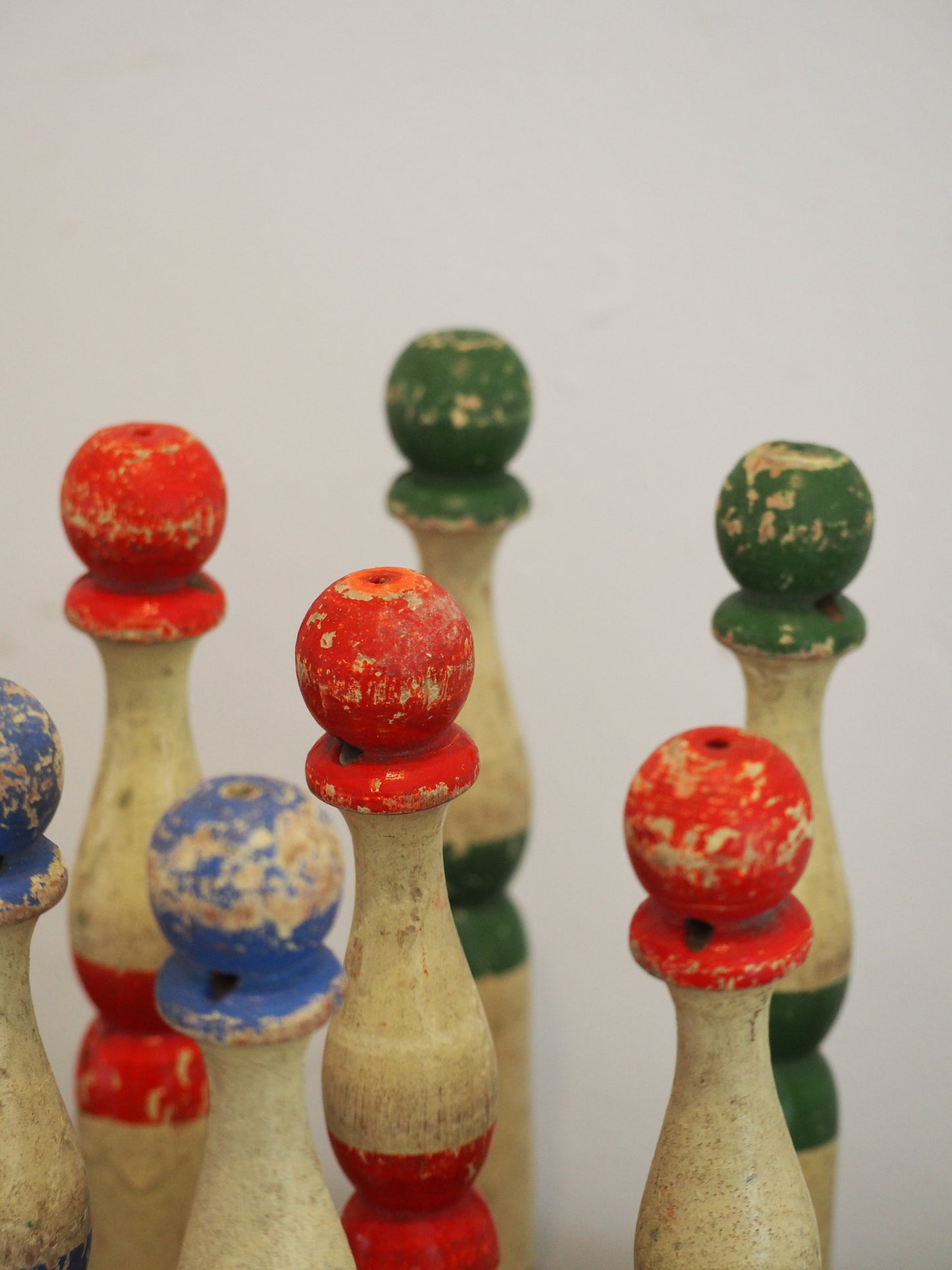 Vintage Antique French Set of Painted Wooden Skittles / French Bowling Game With 9 Pins