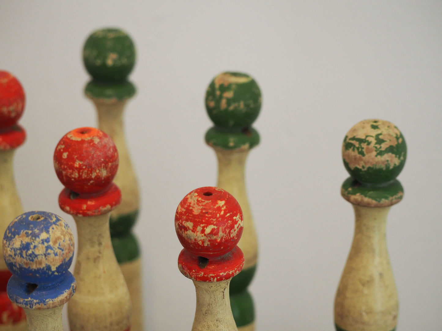 Vintage Antique French Set of Painted Wooden Skittles / French Bowling Game With 9 Pins
