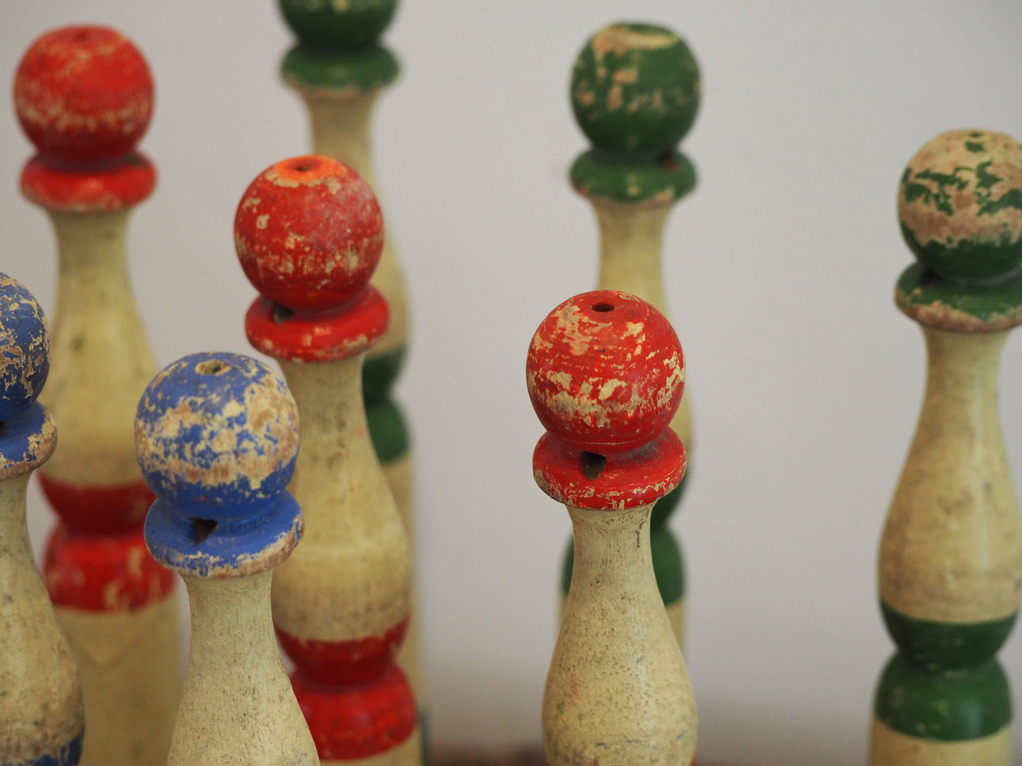Vintage Antique French Set of Painted Wooden Skittles / French Bowling Game With 9 Pins