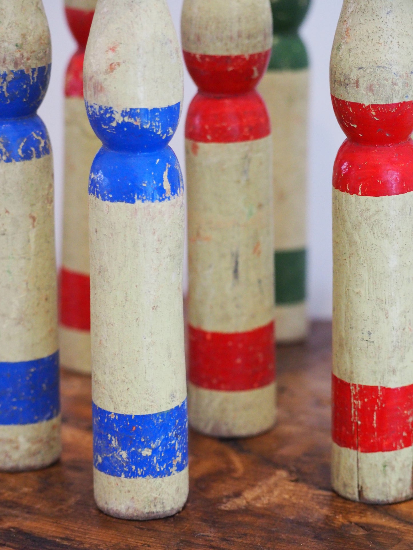 Vintage Antique French Set of Painted Wooden Skittles / French Bowling Game With 9 Pins