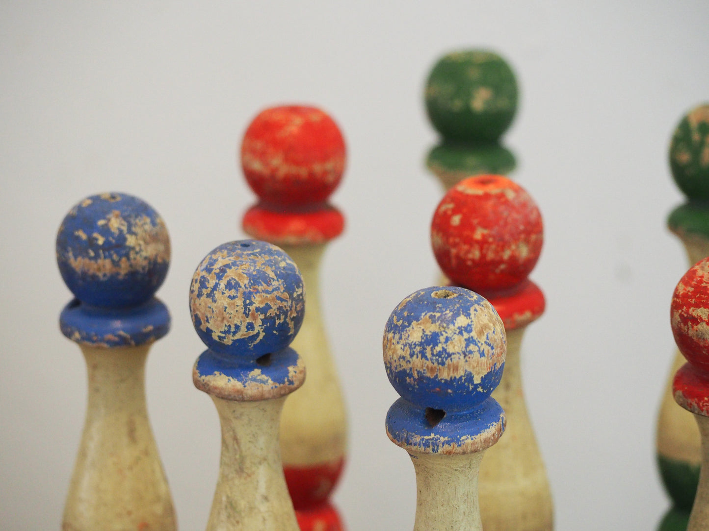 Vintage Antique French Set of Painted Wooden Skittles / French Bowling Game With 9 Pins