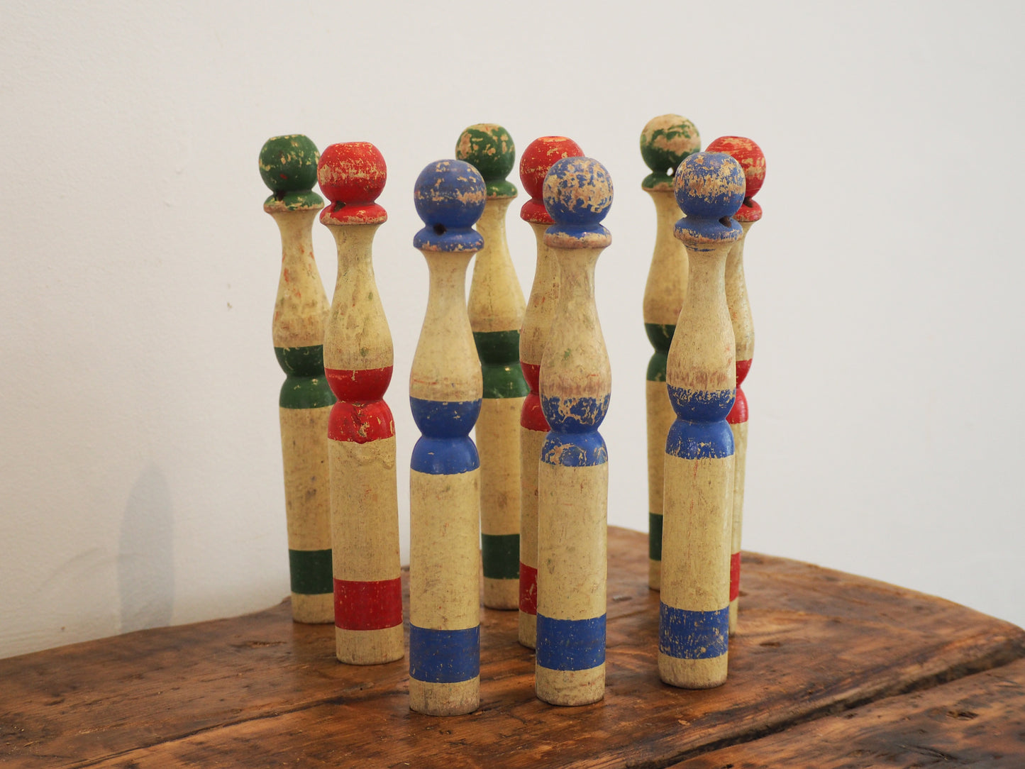 Vintage Antique French Set of Painted Wooden Skittles / French Bowling Game With 9 Pins