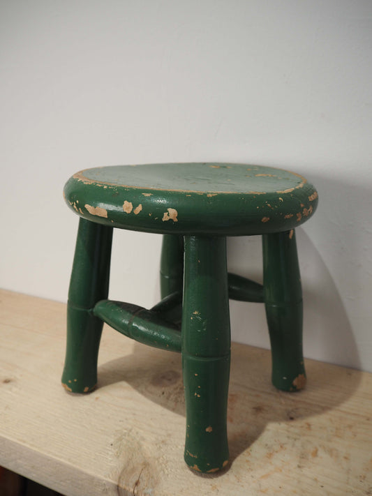 Small Antique Vintage Wooden French Rustic Green Painted Decorative Plant Stool