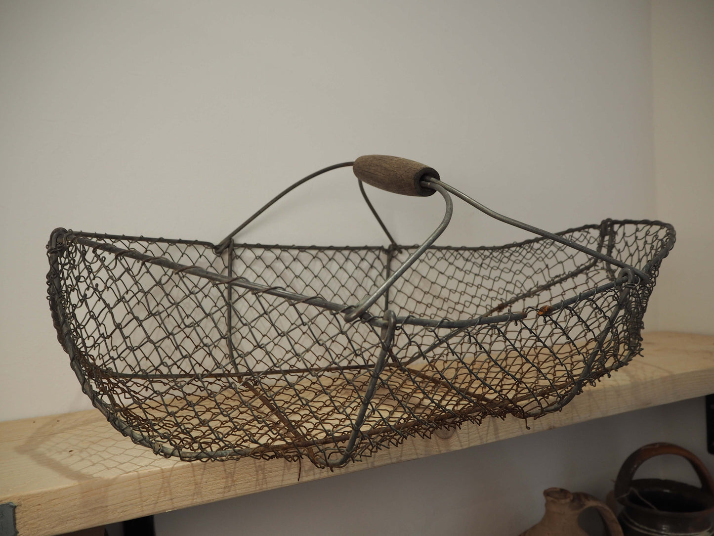 Antique French French Wire Oyster Basket / Garden Farmhouse / Vintage Rustic Storage Retro