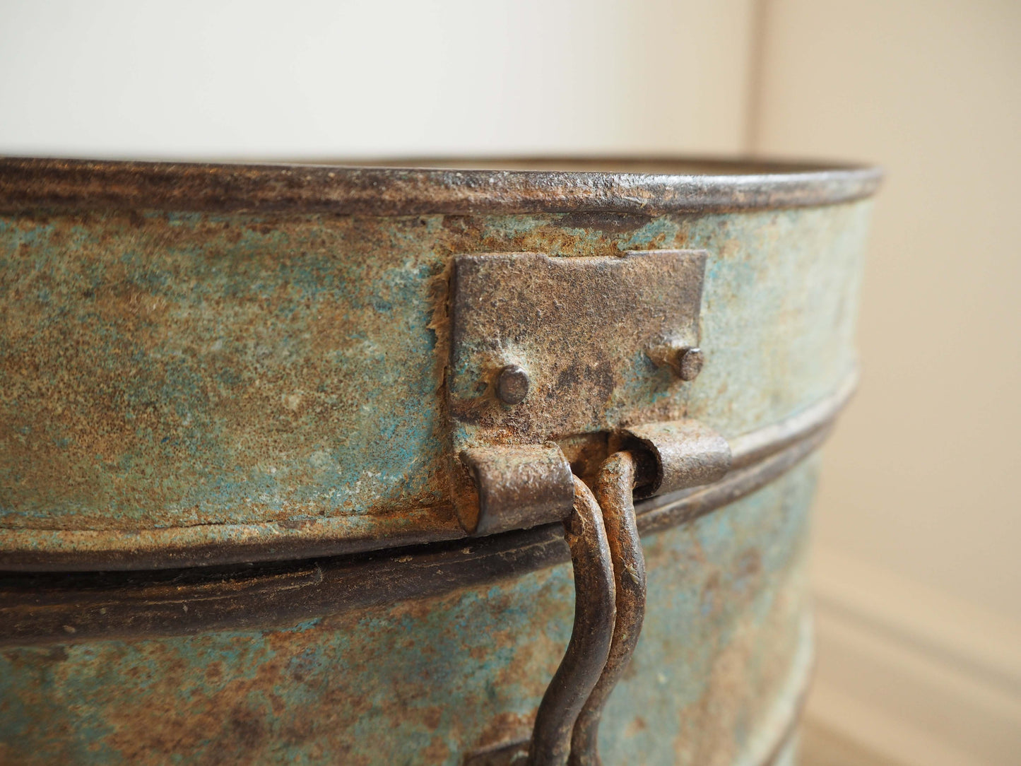 Vintage Green Blue Painted Metal Vintage Indian Rice Storage Drum / Bin / Laundry Basket - Early 20th Century