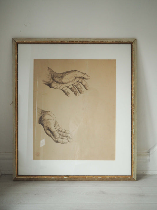 Vintage 1980s Framed Original Sketch of Two Hands / Figurative Art