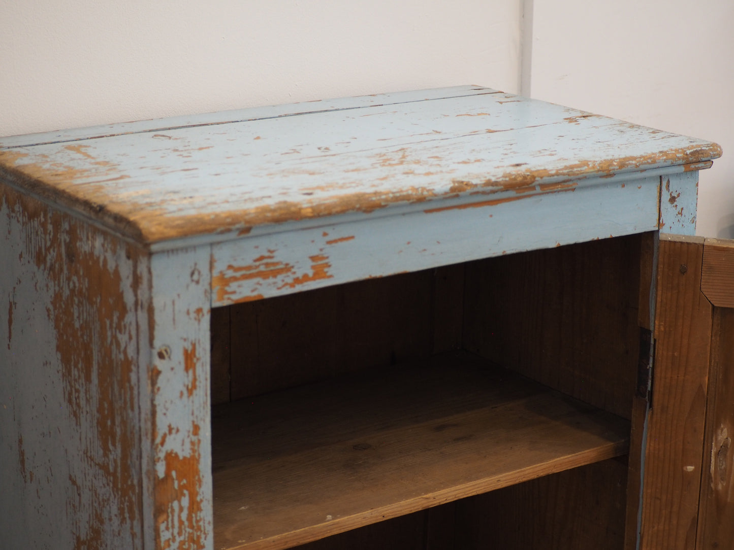 Vintage French Rustic Distressed Blue Painted Pine Cupboard / Pantry Cabinet