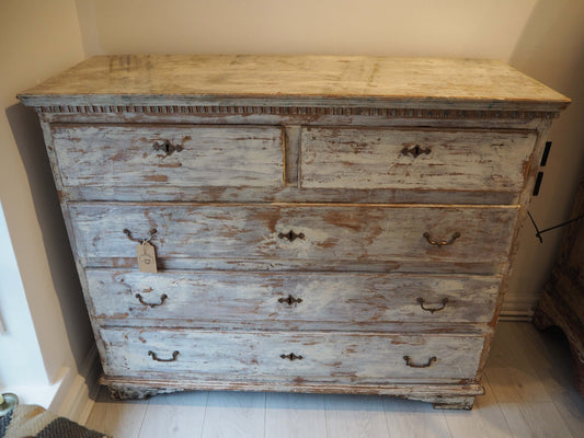 Vintage Antique Rustic Pine Swedish Five Drawer Chest-of-Drawers Circa 1860 / White Distressed Paint