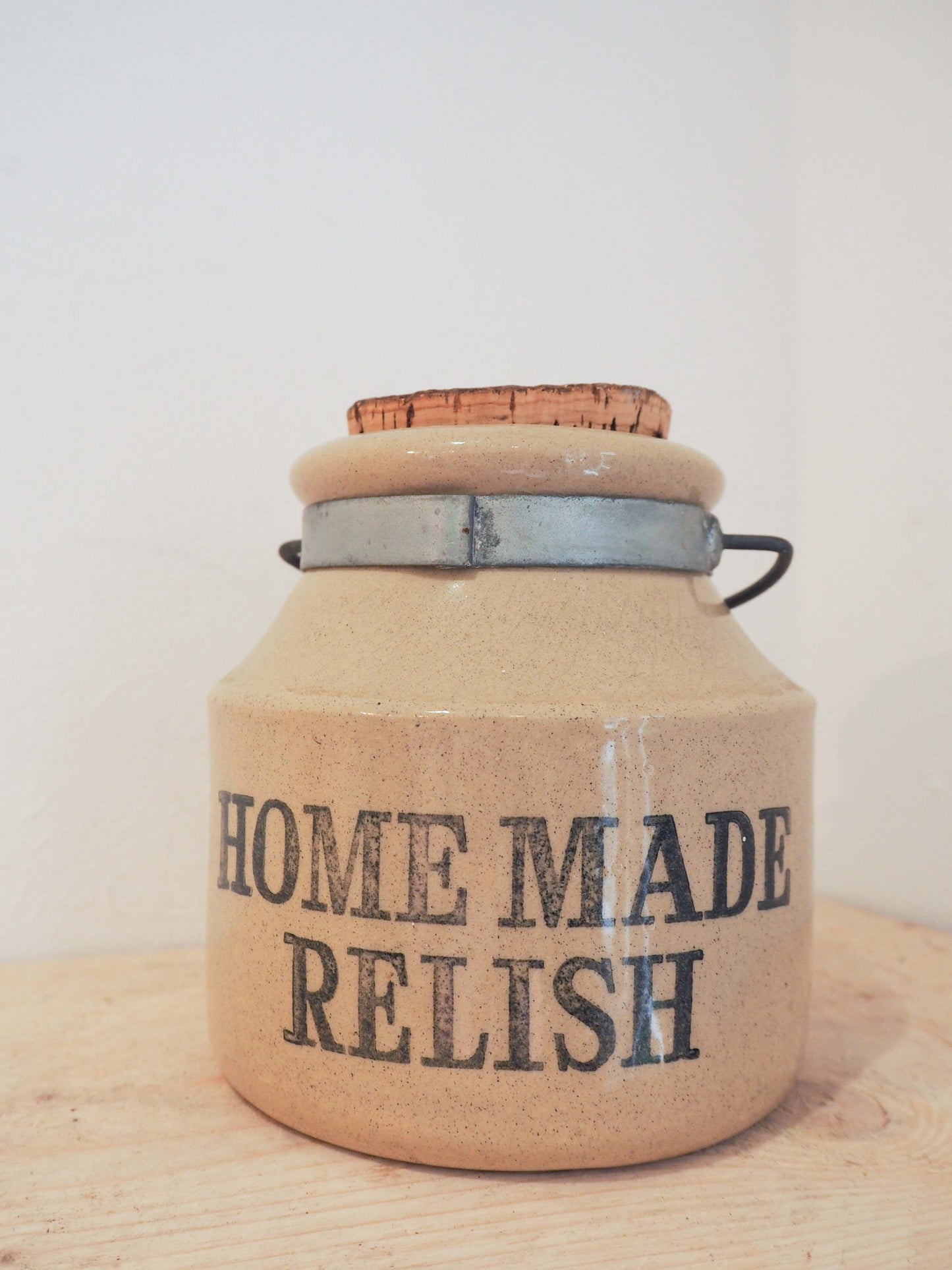 Vintage Homemade Relish Stoneware Pot With Cork Stopper / Kitchen Decor