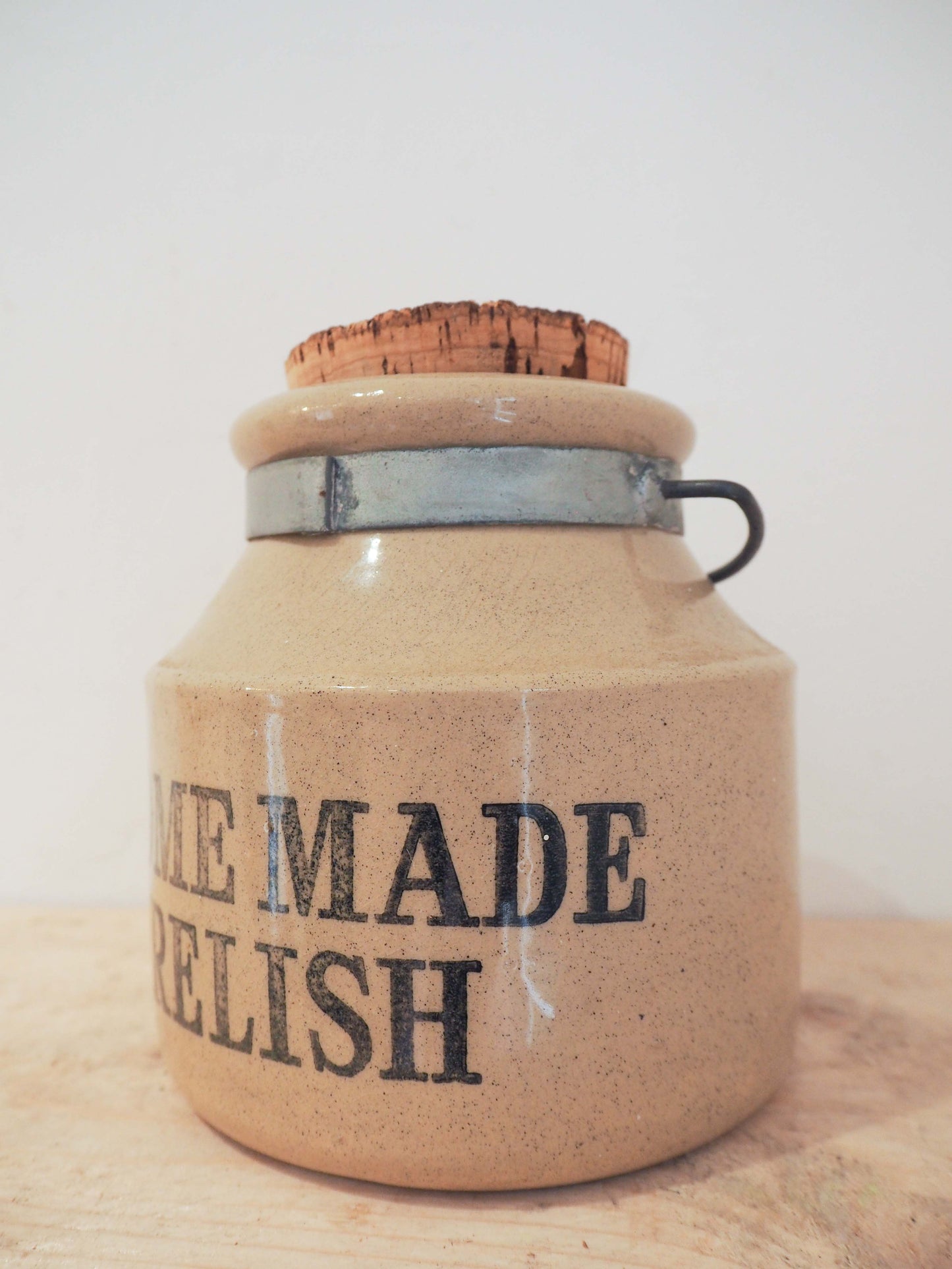 Vintage Homemade Relish Stoneware Pot With Cork Stopper / Kitchen Decor