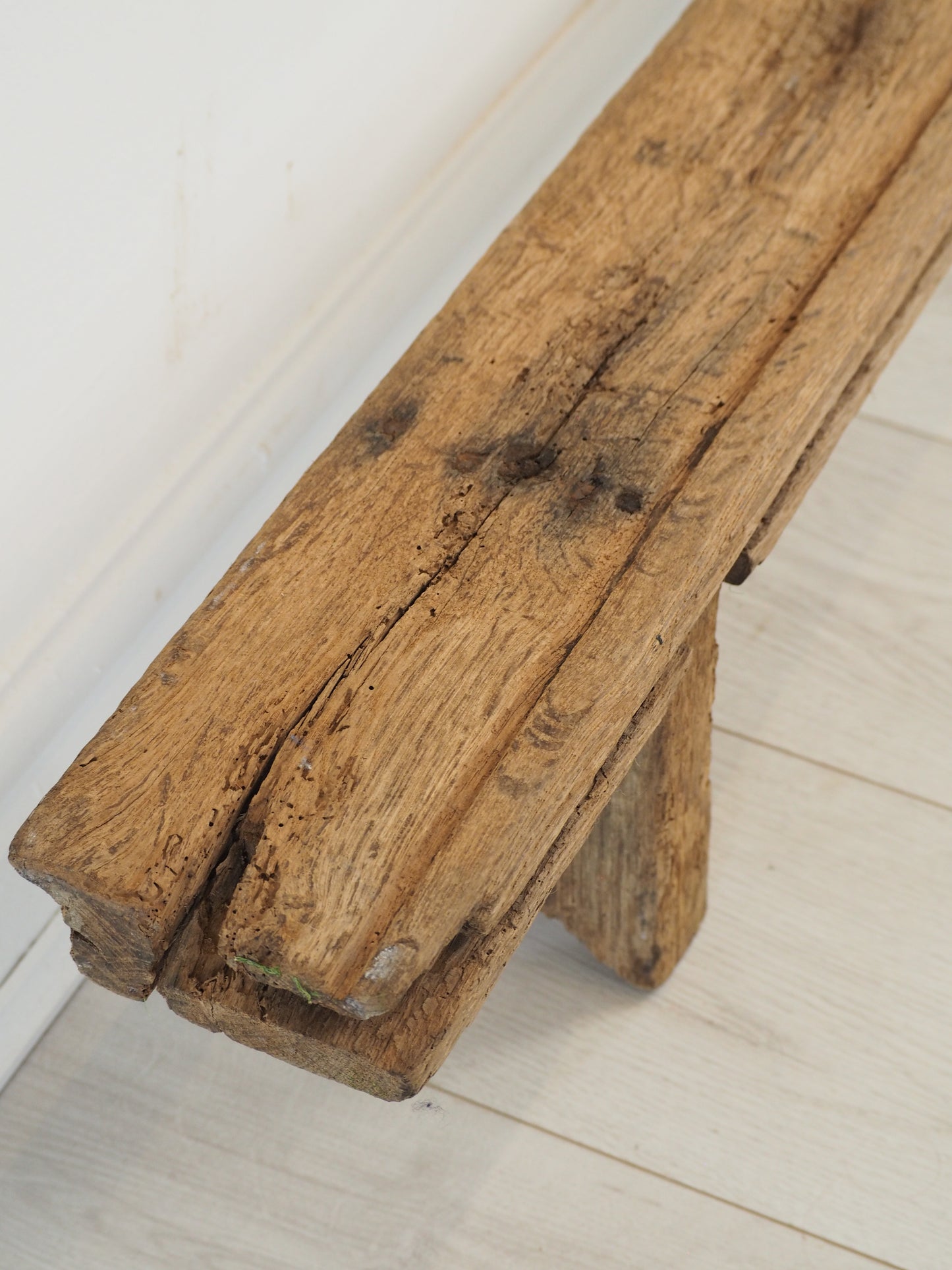 Antique French Long Rustic Oak Wooden Bench / Stool