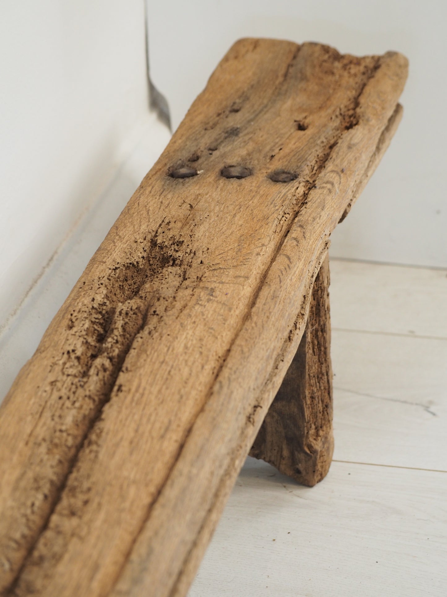 Antique French Long Rustic Oak Wooden Bench / Stool