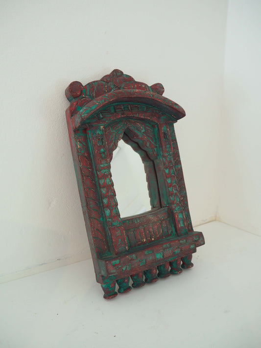 Antique Vintage Green Red Rustic Carved Indian Wooden Temple Mirror / Wall Decor