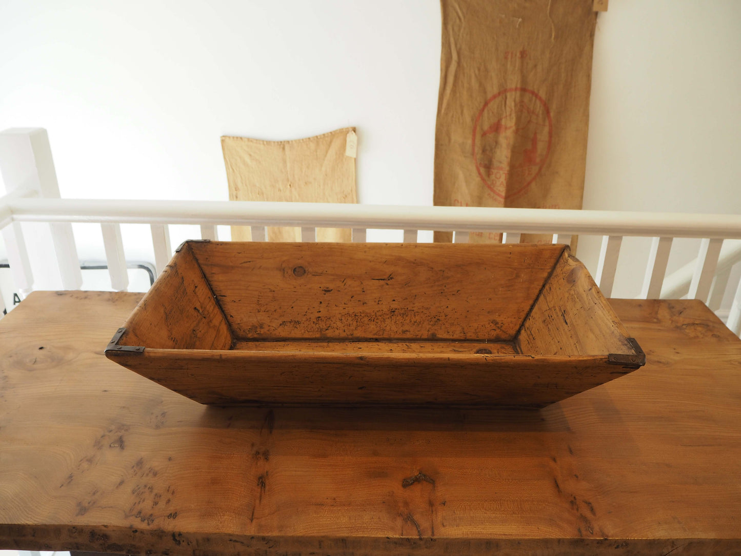 Wooden Rustic Antique Rectangular Dough Trough with Metal Detailing / Farmhouse Kitchen Storage