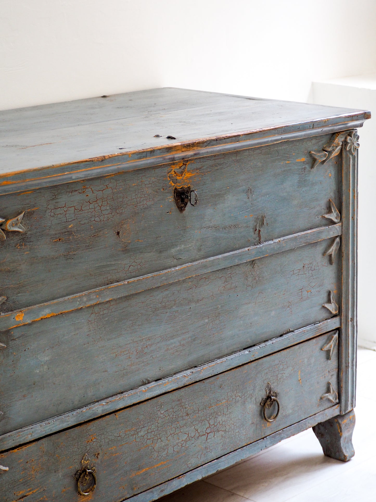 Antique 19th Century Gustavian Chest in Distressed Blue / Swedish Bedroom Furniture