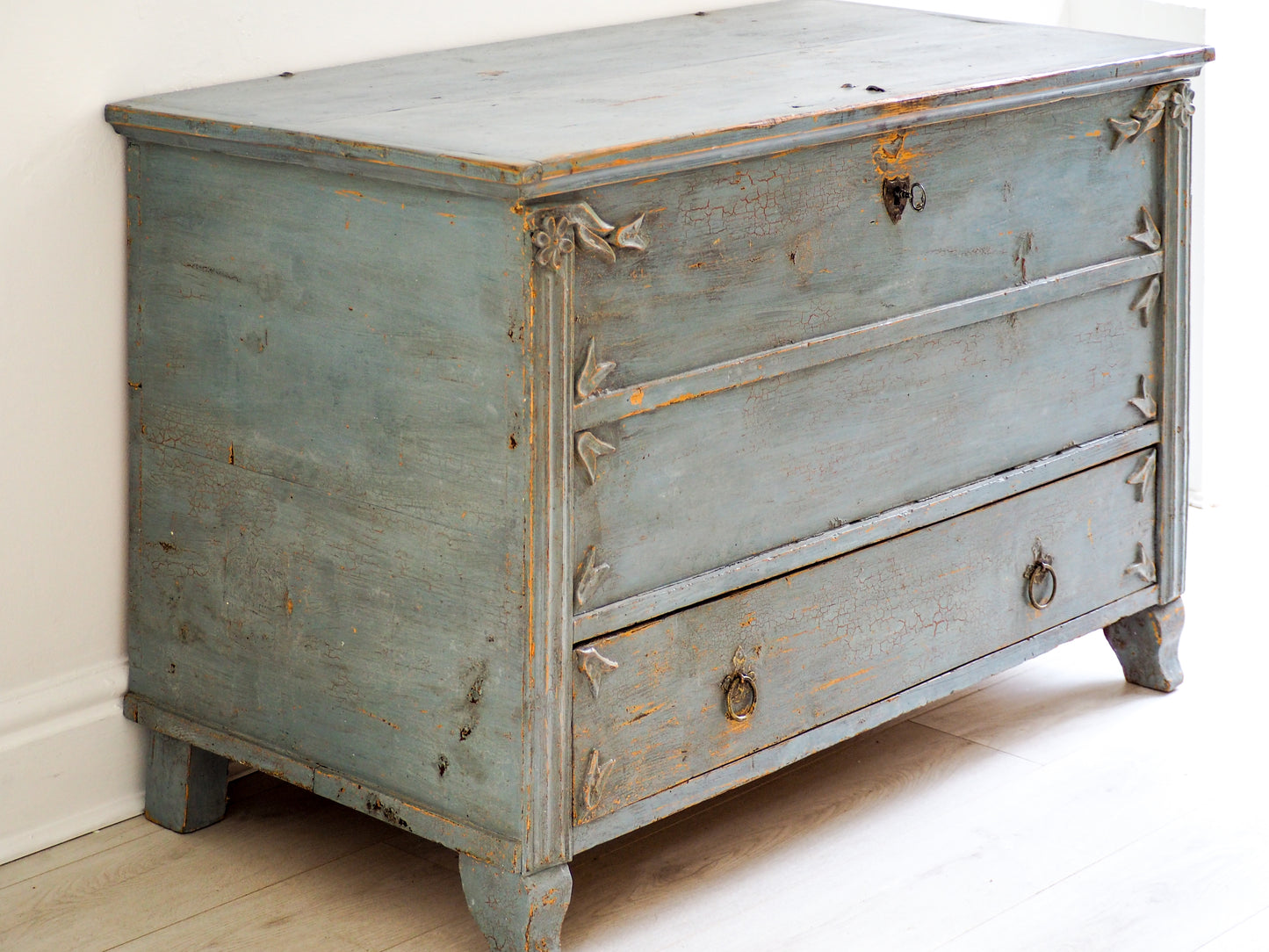 Antique 19th Century Gustavian Chest in Distressed Blue / Swedish Bedroom Furniture