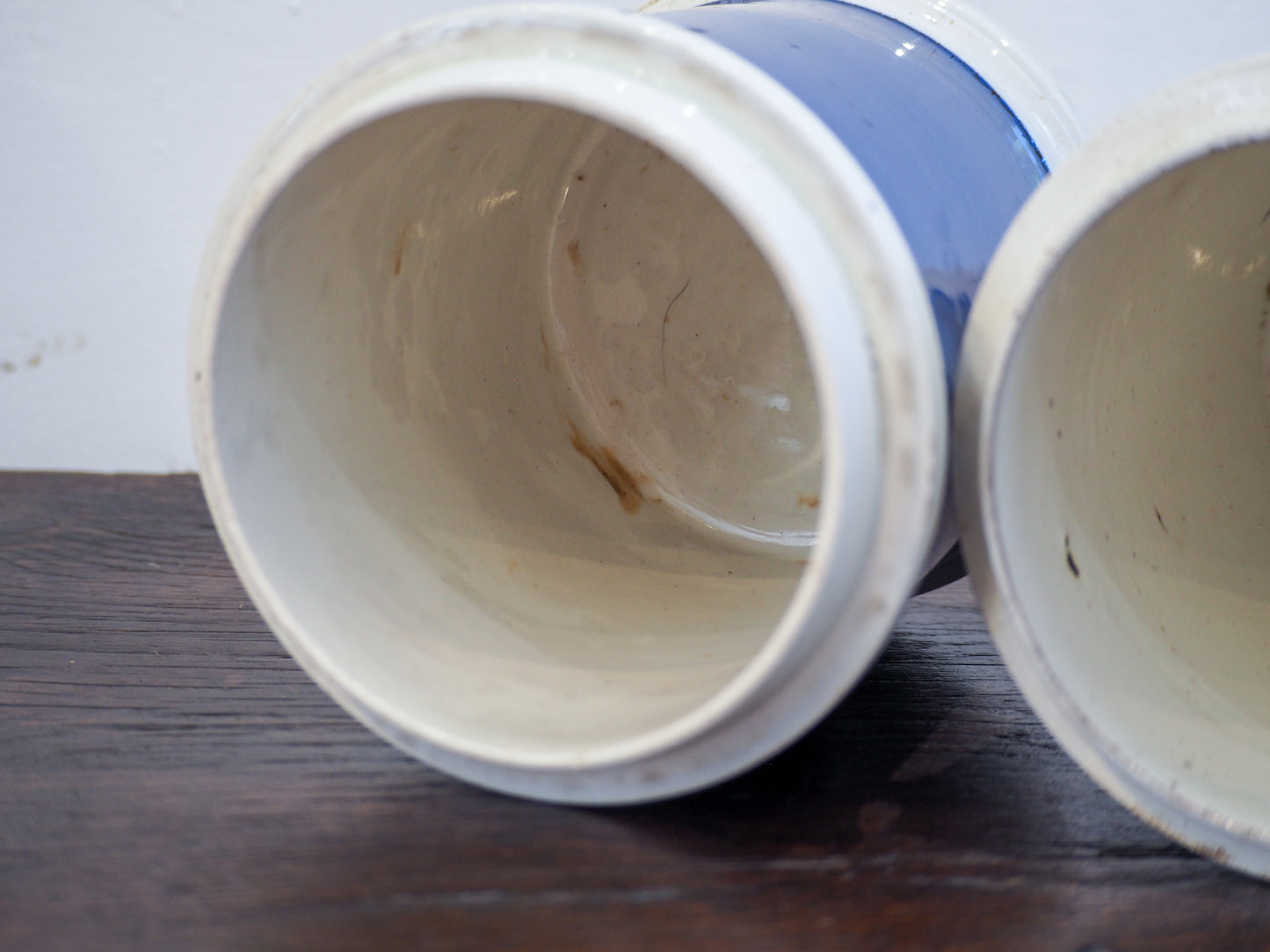 Pair of Vintage / Antique Blue Porcelain Apothecary Chemist Bottles With Original Labels and Lids