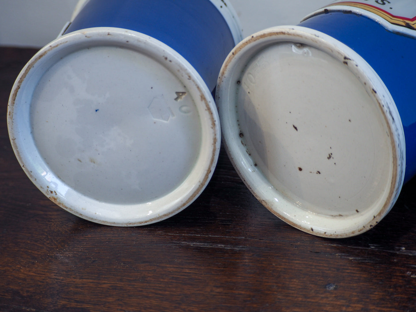 Pair of Vintage / Antique Blue Porcelain Apothecary Chemist Bottles With Original Labels and Lids