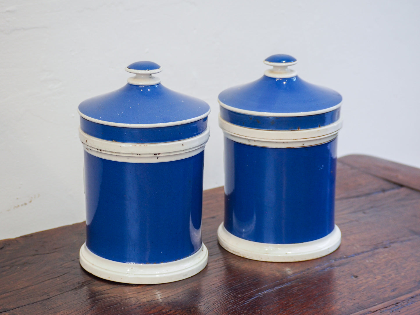 Pair of Vintage / Antique Blue Porcelain Apothecary Chemist Bottles With Original Labels and Lids