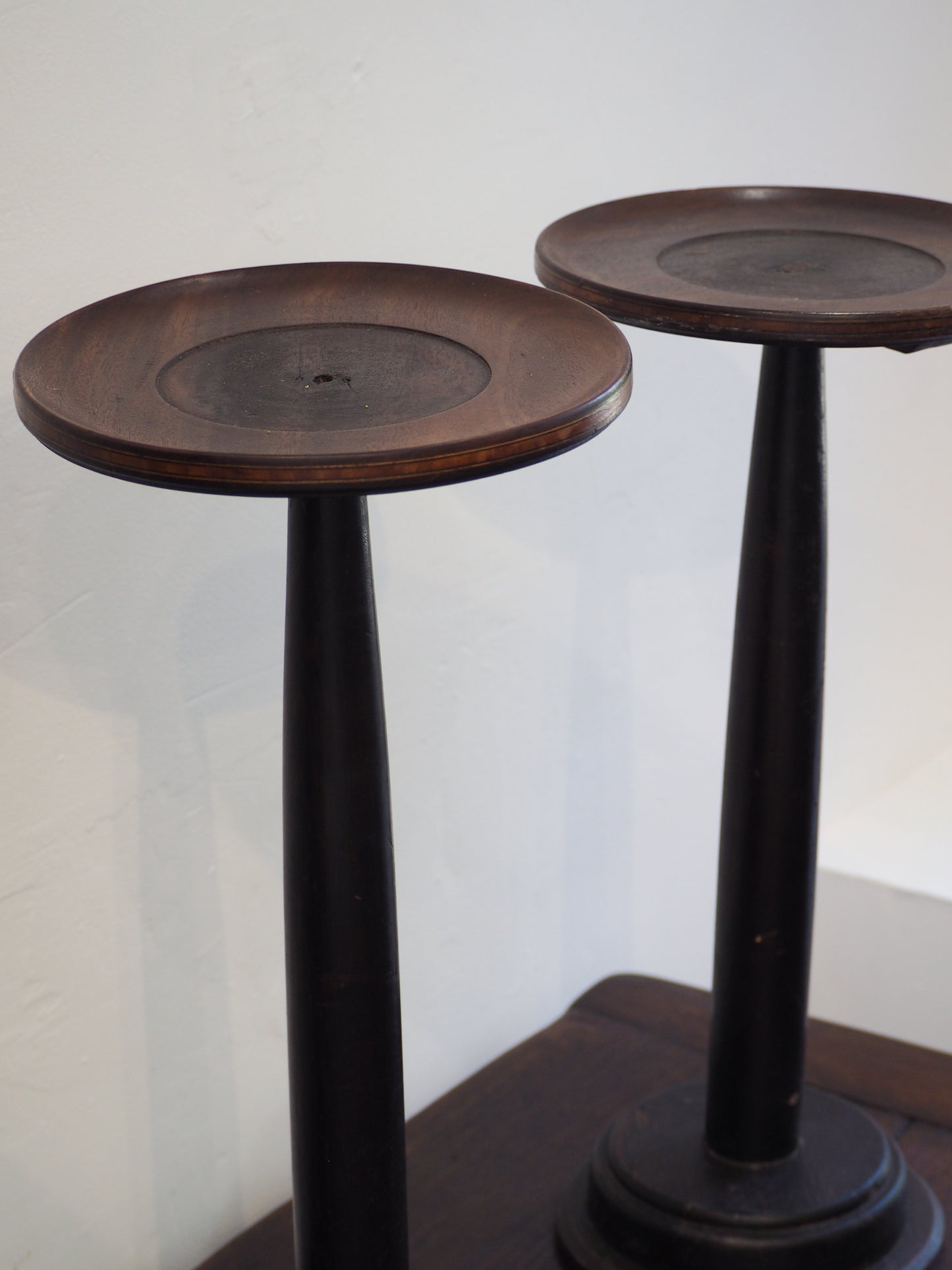 Pair of Antique Wooden Milliner Hat Stands / Candle Holder / Small Table