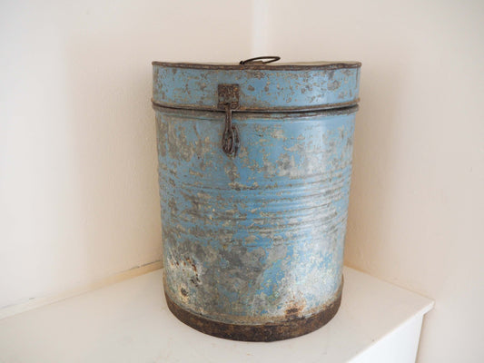 Vintage Blue Painted Metal Vintage Indian Rice Storage Drum / Bin / Laundry Basket - Early 20th Century