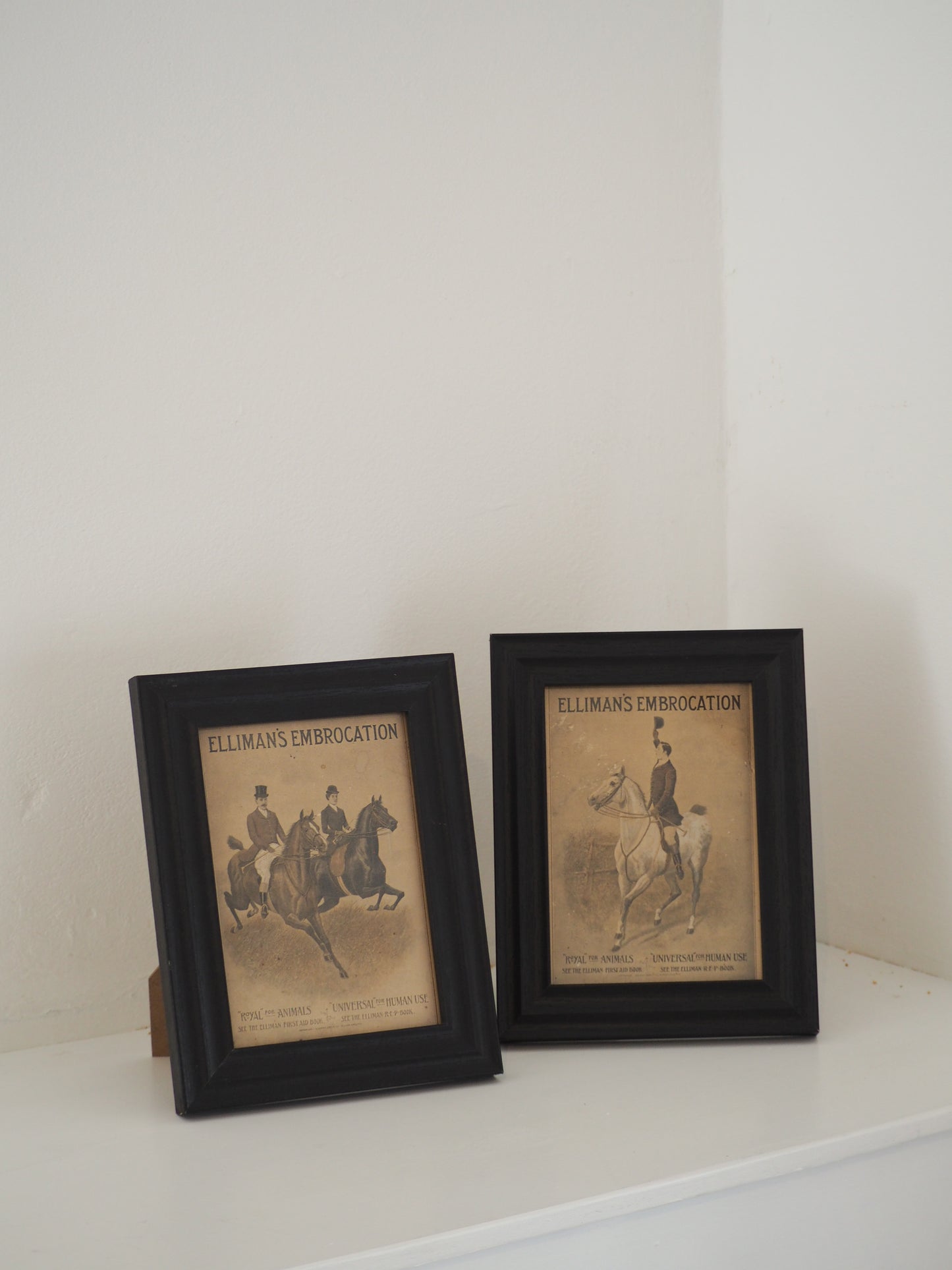 Pair of Vintage Elliman's Embrocation Advertising Prints in Black Frame