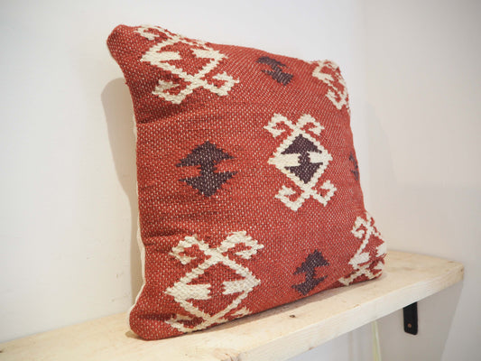 Vintage Style Jute Geometric Square Cushion / Red & Natural Tones
